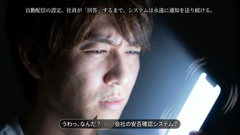 スマホ通知を見つめ不安になる男性の顔のアップ（安否確認システム）