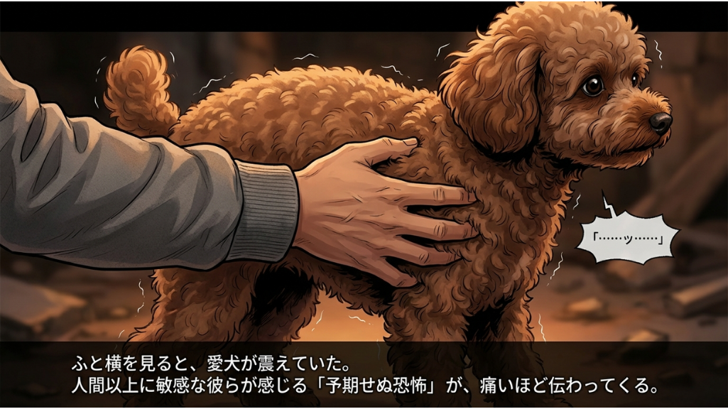 茶色のトイプードルが恐怖で震えている様子を、飼い主の手が優しく撫でている漫画のコマ。犬は「……ッ……」と声を漏らし、周囲には恐怖を表す効果線が描かれている。下部のテキストボックスには「ふと横を見ると、愛犬が震えていた。人間以上に敏感な彼らが感じる「予期せぬ恐怖」が、痛いほど伝わってくる。」と記されている。