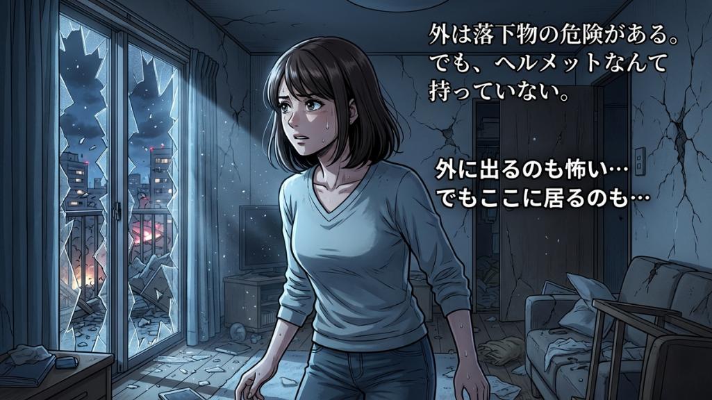 被災した街並みと避難の決断を描いた防災ストーリー漫画の重要シーン