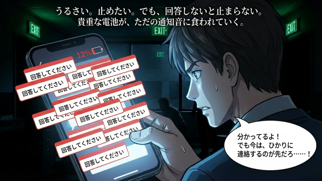 大量の「応答してください」通知に追い詰められる男性と残り12%の電池