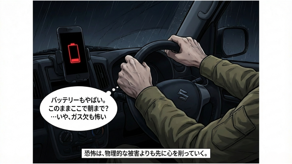 通信不能の車内でスマートフォンのバッテリー切れに直面し不安を抱えるドライバー｜夜間の判断リスク
