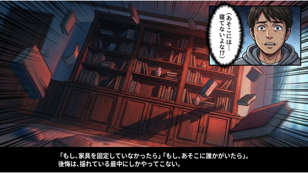 大きな本棚から地震の激しい揺れで複数の本が飛び出し、落下している様子を描いた漫画のコマ。右上の小さなコマには、汗をかき焦った表情の男性の顔があり、思考フキダシには「（あそこには…寝てないよな!?）」とある。下部のテキストボックスには「「もし、家具を固定していなかったら」「もし、あそこに誰かがいたら」。後悔は、揺れている最中にしかやってこない。」と記されている。