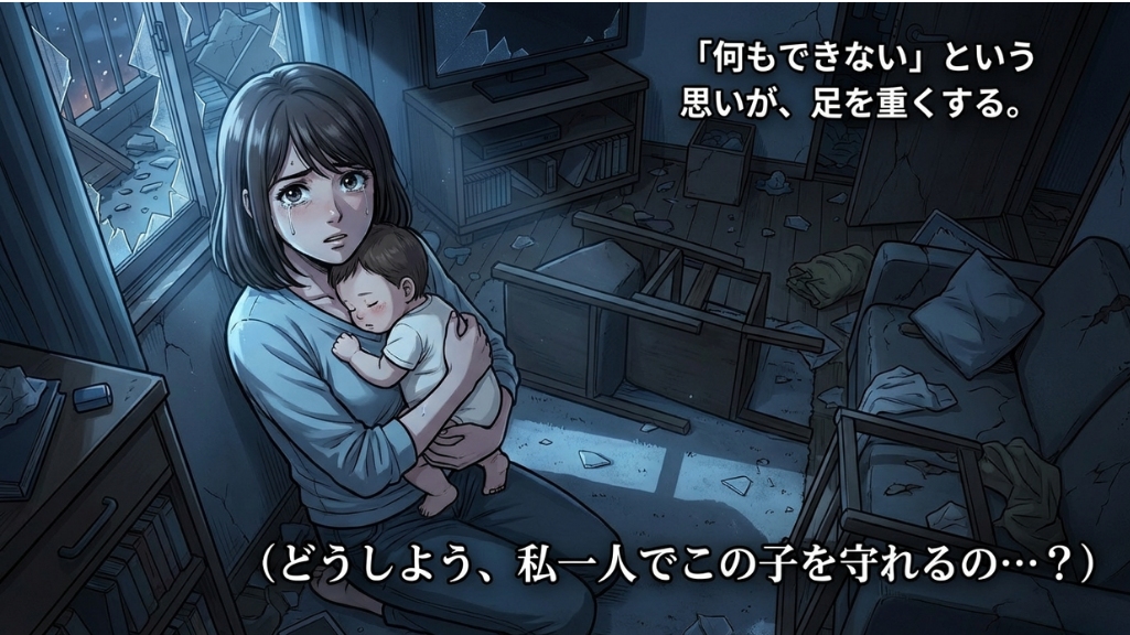 母親が赤ちゃんを抱えて避難する不安な状況を描いた防災漫画イメージ