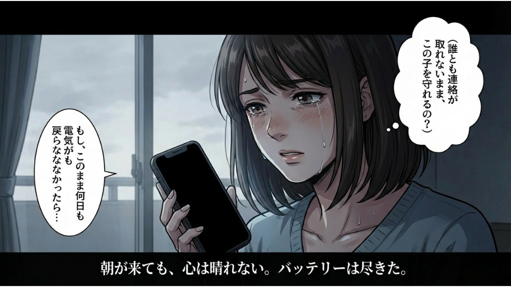 停電でスマホの充電が尽きて連絡が取れず不安になる母親の防災イメージ