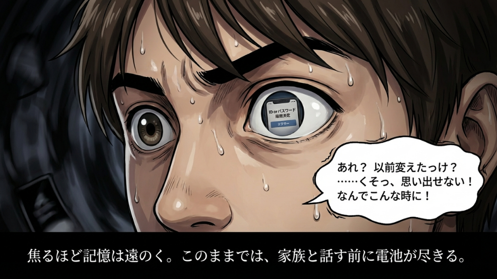 焦りで汗をかきながらIDやパスワードを思い出せない男性の極端なアップ