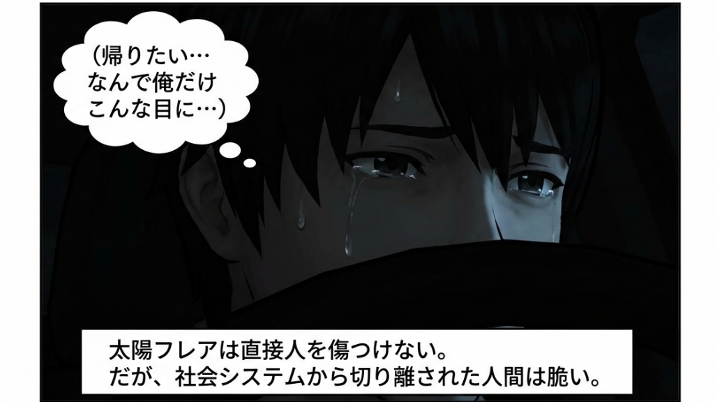 通信障害により孤立し涙を流す人物の表情｜社会システムから切り離された不安と脆さ