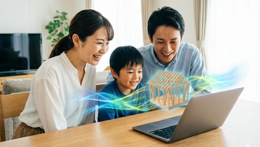 住宅の揺れをシミュレーションで確認する親子の実写風イメージ
