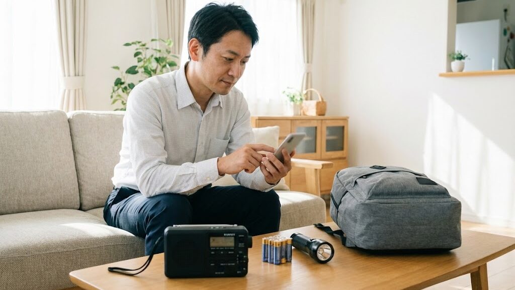 リビングでスマホの情報を落ち着いて確認しラジオや防災用品も備えている様子
