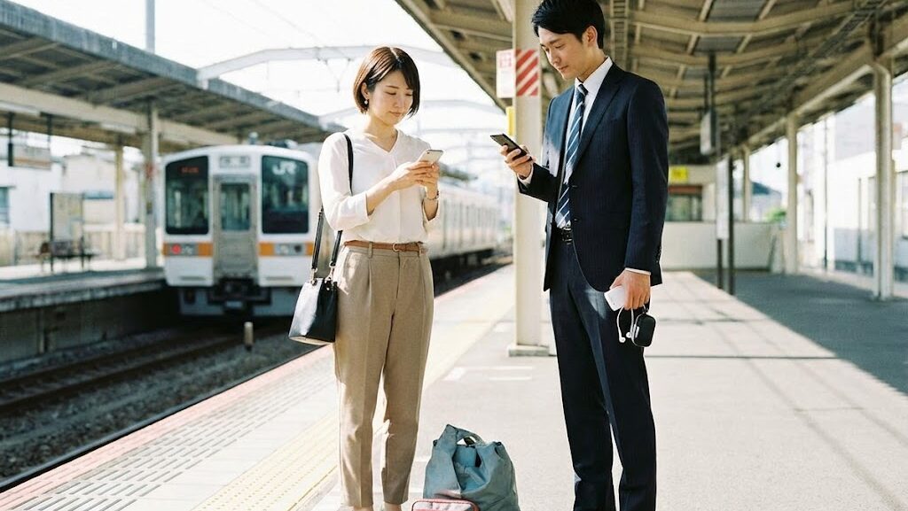 駅でスマホを確認しながらモバイルバッテリーを持ち移動中の備えを意識する様子