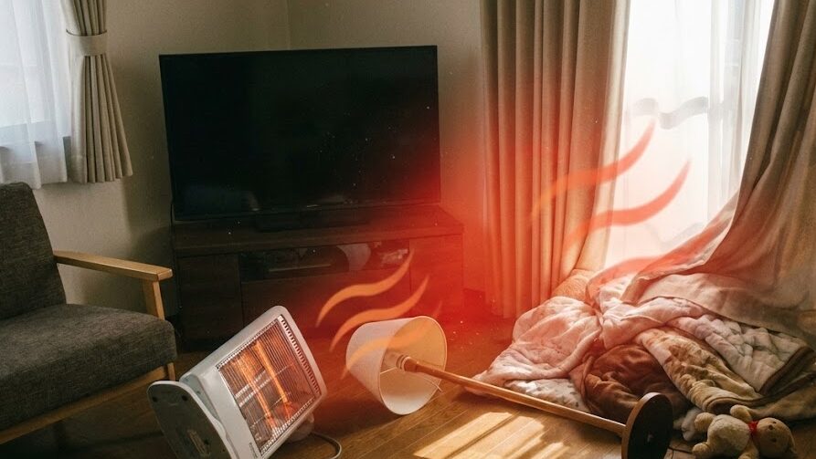 地震で家具や家電が倒れた室内の様子から通電火災の危険性を伝えるイメージ