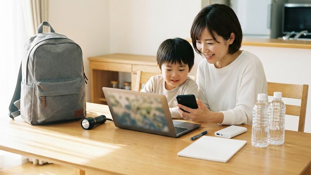 ダイニングで家族がスマホとパソコンで地図を確認し防災対策を見直している様子