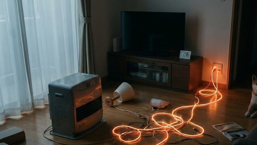 停電後に電気が復旧することで起こる通電火災の仕組みを表した住宅内のイメージ