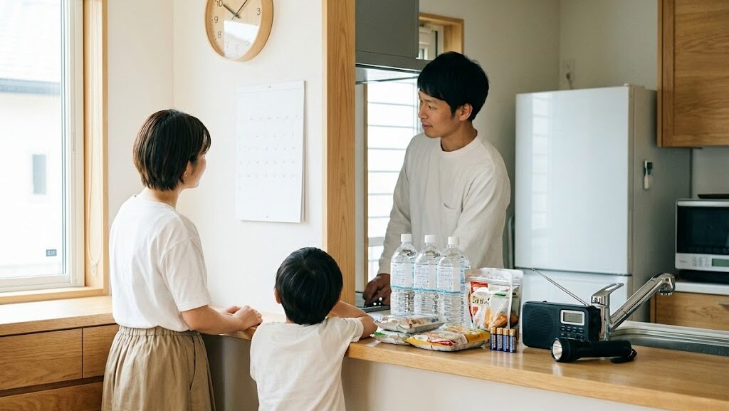 キッチンでカレンダーを確認しながら防災用品を整えて備えを続ける家庭の様子