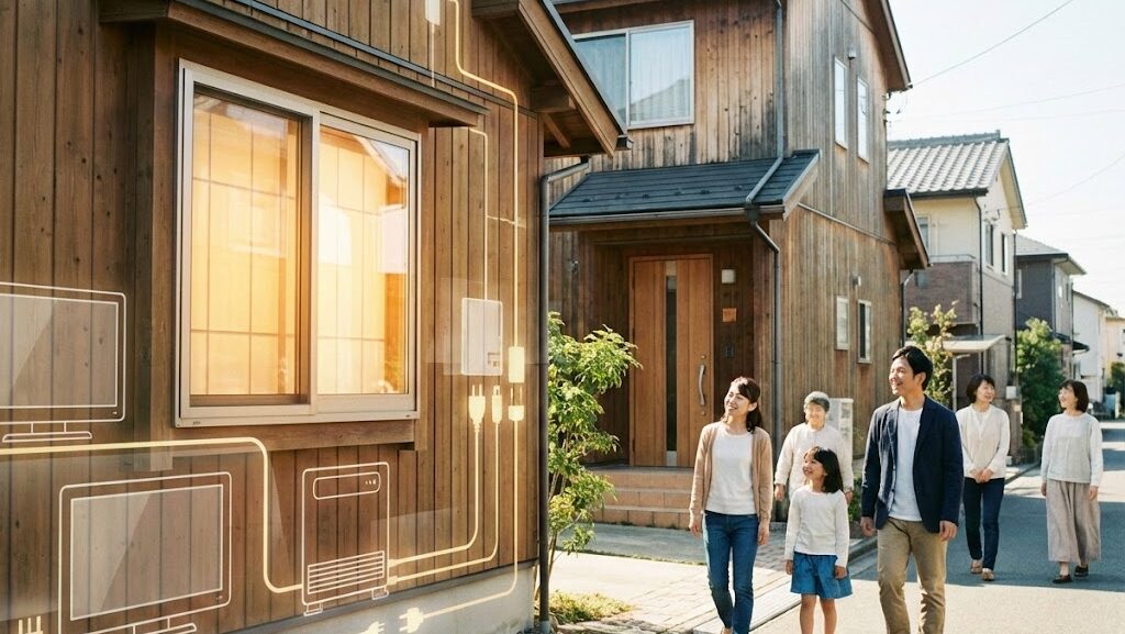 通電火災の原因と対策を学ぶ導入として、日本の住宅と電気設備をイメージした風景