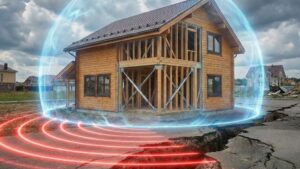 地震の破壊的な揺れ（キラーパルス）を表す赤い波から、耐震・制震対策を表す青いエネルギーシールドによって守られている建設中の木造住宅のイメージ画像。