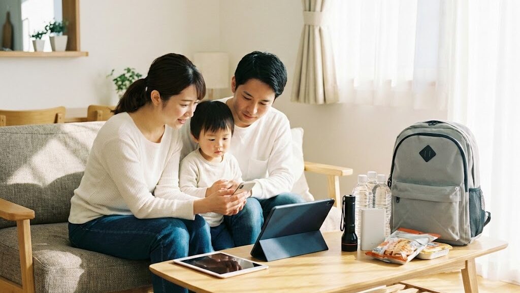 リビングで家族がニュースを確認しながら防災リュックや水・ライトを身近に備えている様子