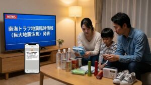 「南海トラフ地震臨時情報（巨大地震注意）発表」のテレビニュースを見ながら、リビングで水や非常食、ラジオなどの防災グッズを確認し、備えを進める家族の様子。手前には同じ速報を表示したスマートフォンがある。