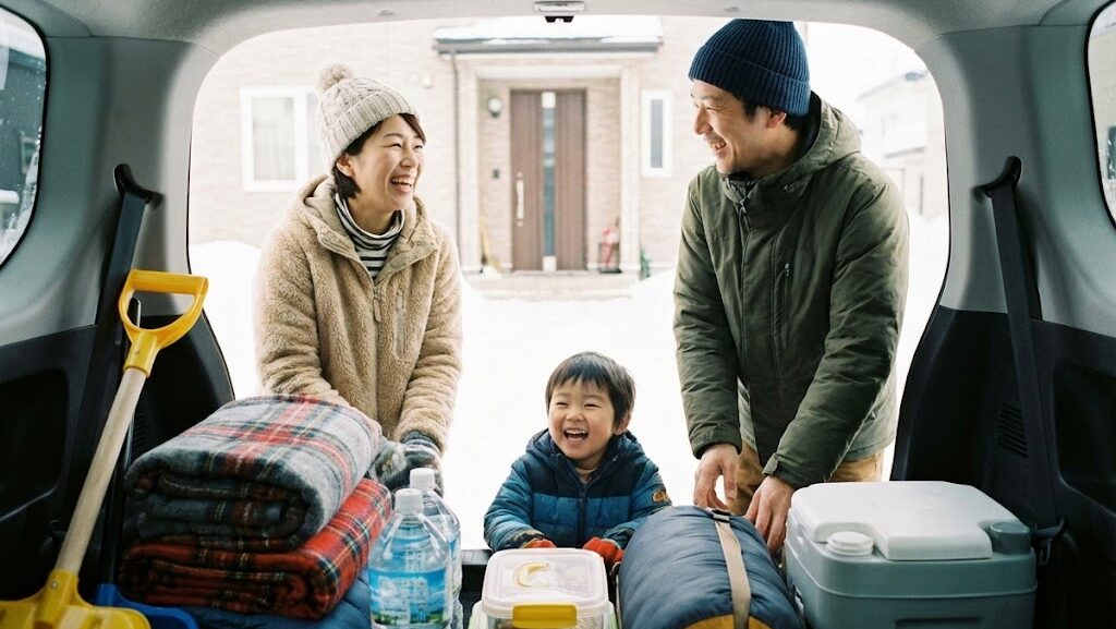 雪の日の外出前に家族で車に防寒用品を積み込む準備風景