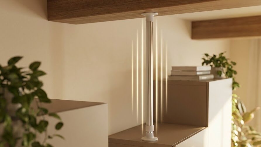 縦揺れによる家具の浮き上がりを防ぐため、天井と家具の間を支えている対策の様子