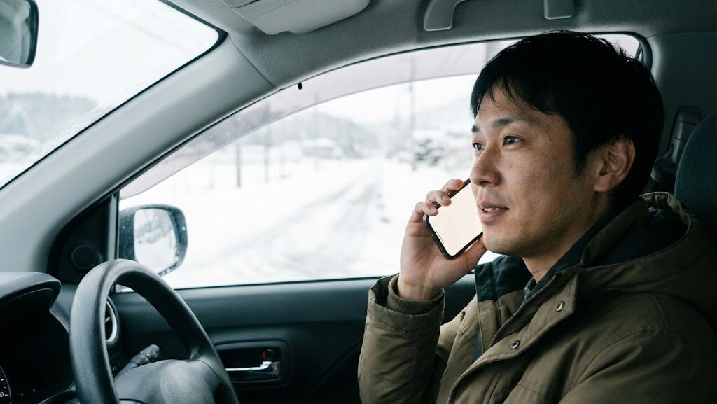 雪の立ち往生で救援を呼ぶためスマホで連絡している様子