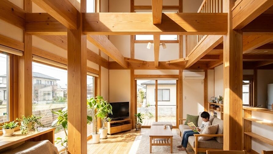 横揺れに強い耐震構造を備えた木造住宅が、地震に耐える様子を表した住まいのイメージ