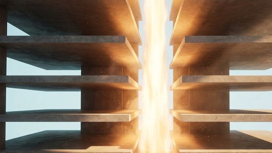 直下型地震の強い縦揺れによって建物に大きな負荷がかかる仕組みを示した抽象表現