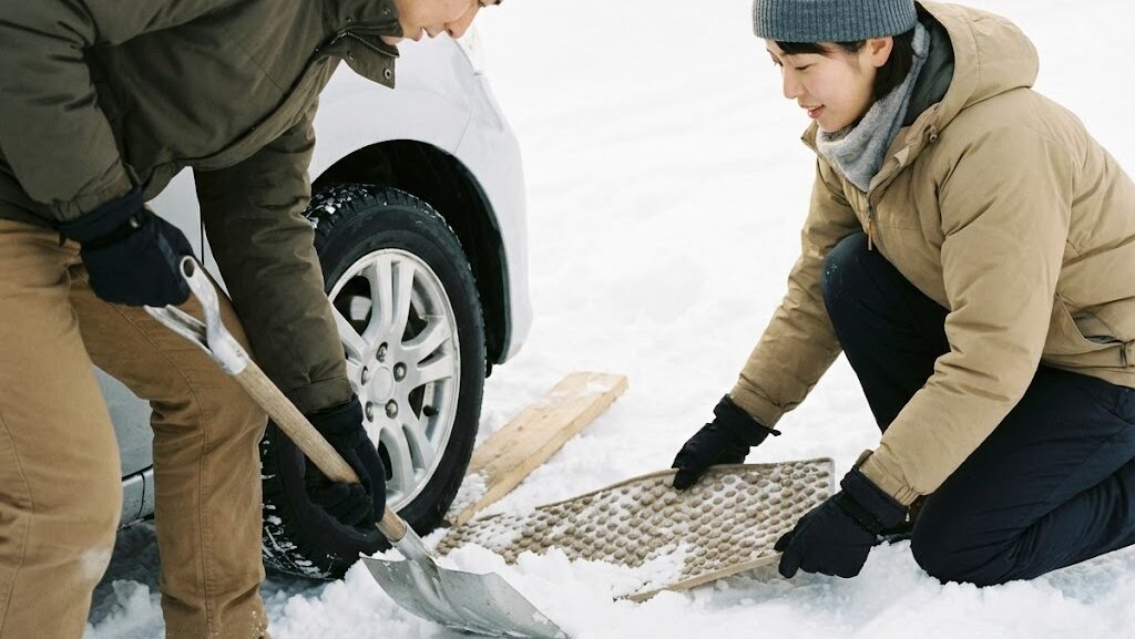 スコップで雪を掘り車をスタックから脱出させようとする作業