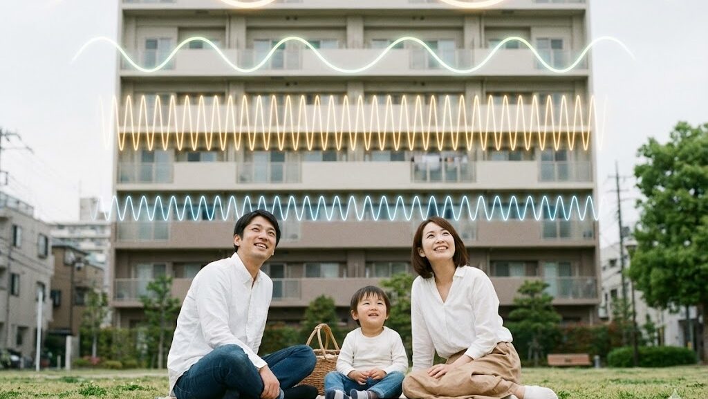 マンションの揺れやすさを学ぶ親子の実写風アウトドア写真