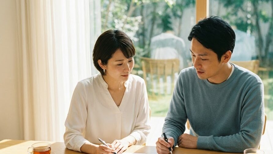 地震保険の内容を確認し、災害後の備えを考える日本の家庭の落ち着いた風景