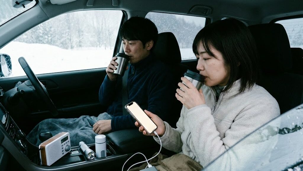 車内でスマホや電源を節約しながら待機している様子