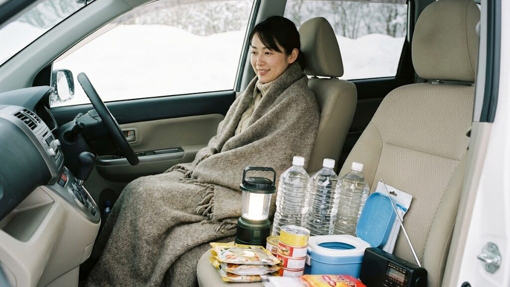 立ち往生に備え車内で防寒や非常用品を準備している様子