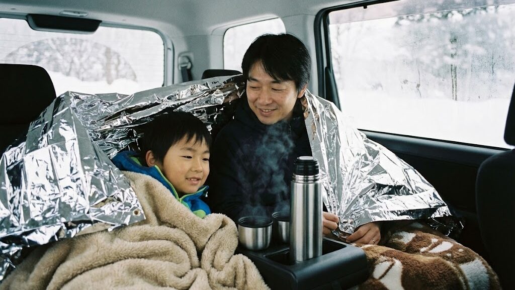 雪の日に車内で毛布などを使い防寒して過ごす様子