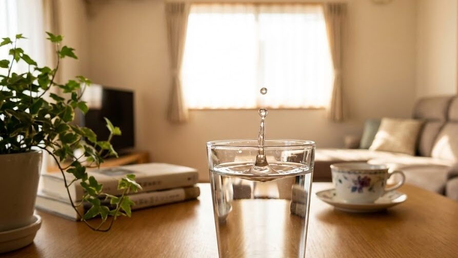 地震発生直後の初期微動による縦揺れの衝撃を、日常の室内で感じる瞬間を表した様子