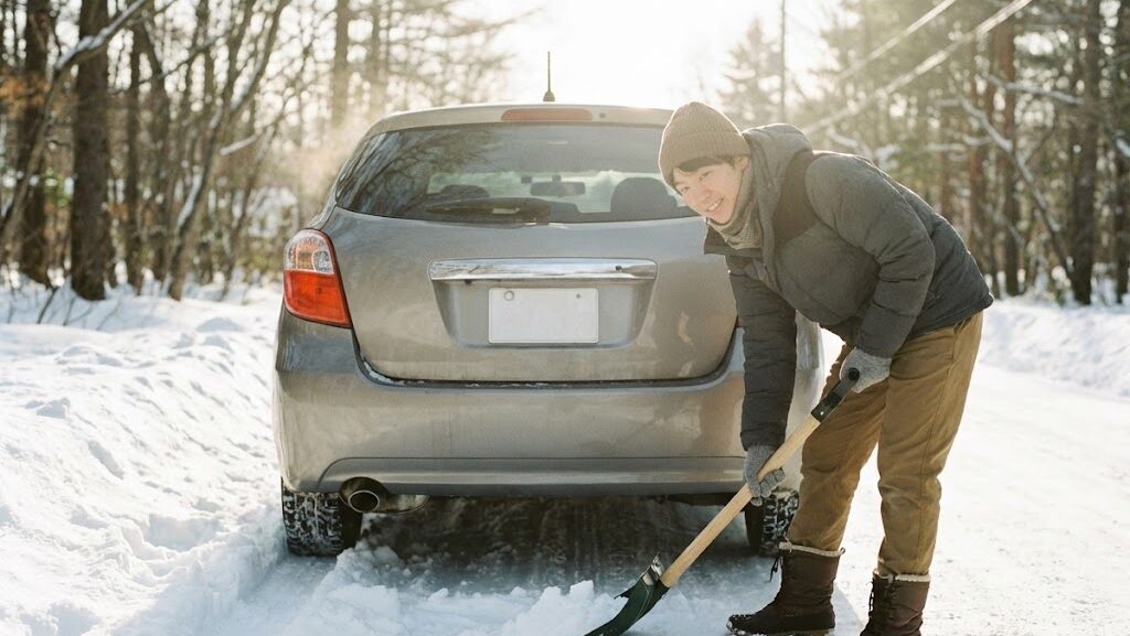 車のマフラー周りの雪をスコップで除雪している様子