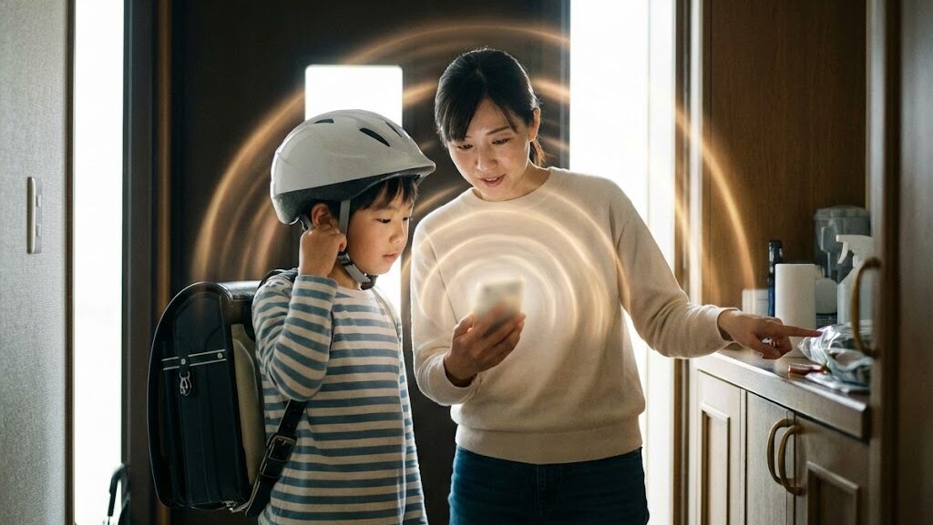 防災アプリで地震前の行動を確認する家族の実写風イメージ