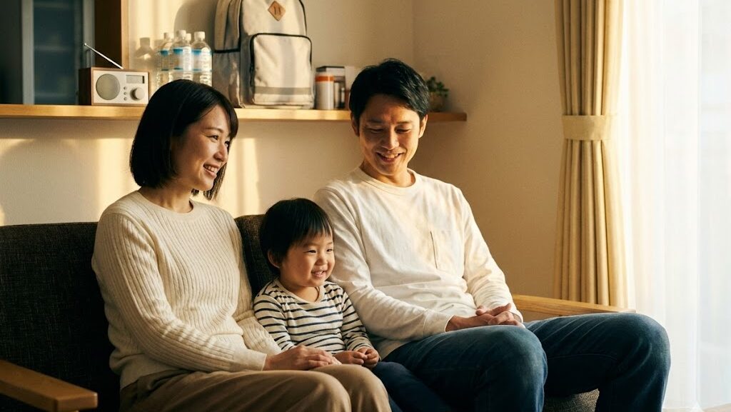 地震の震度や感じ方の違いを理解し、備えによって安心して暮らす家族の様子を表した実写風画像