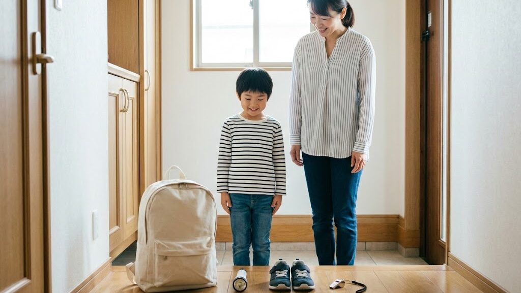 枕元にライトと靴を置いて備える防災準備のイメージ