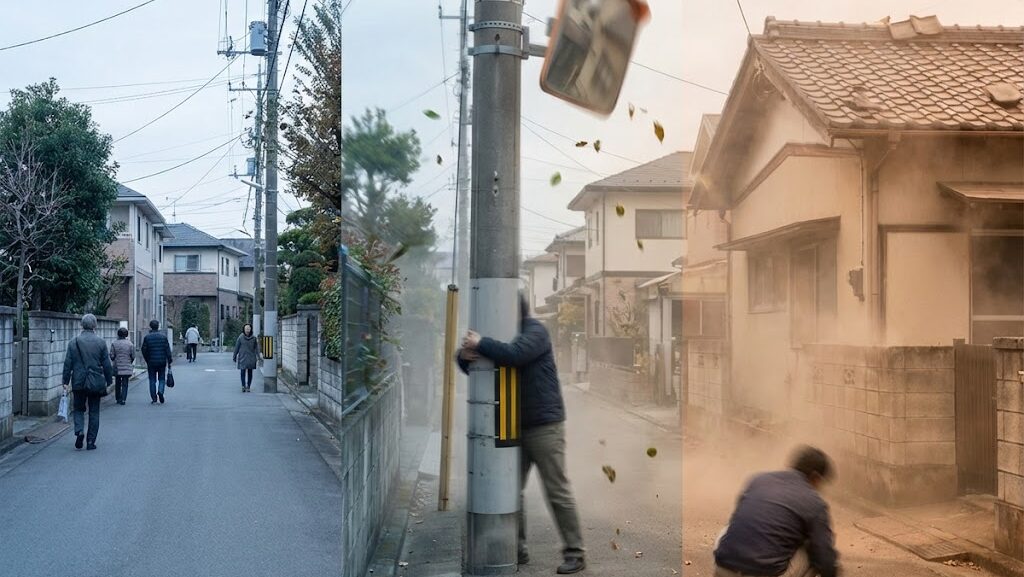 地震の震度階級と揺れの強さの違いを、住宅街の変化で直感的に比較できる実写風ビジュアル