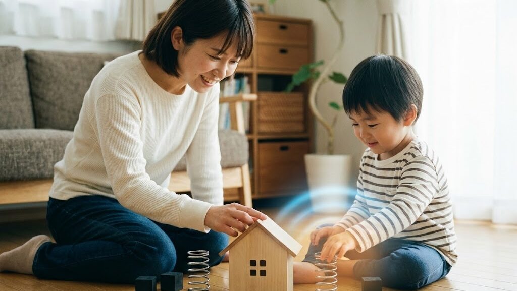 制震ダンパーの揺れ吸収を模型でイメージする実写風写真