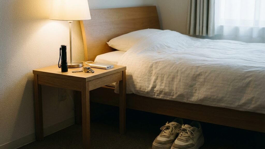 寝室の枕元にライトとホイッスルを置き足元に靴をそろえて備える就寝前の様子
