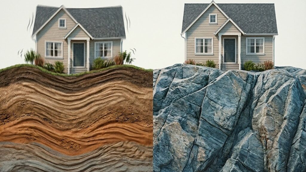 地盤の違いによって地震の揺れやすさが変わることを、住宅と地面の構造で表現した実写風イメージ