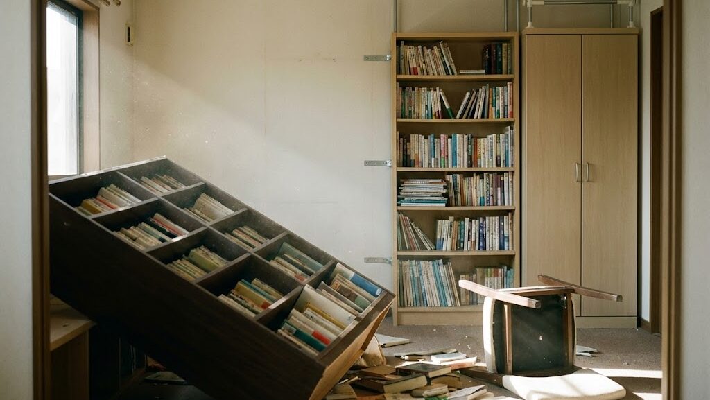 震度7クラスの激しい揺れ後に、耐震対策や家具固定の有無で被害差が出ることを示した実写風画像