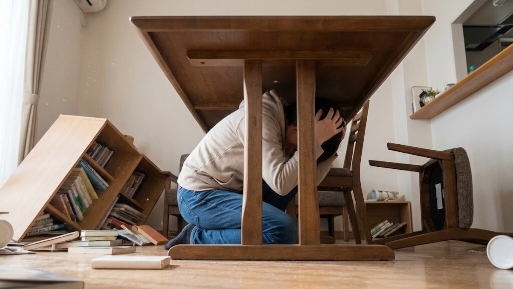 震度6弱と震度6強で人が立てなくなる状況と、身を守る行動を示した実写風の室内イメージ