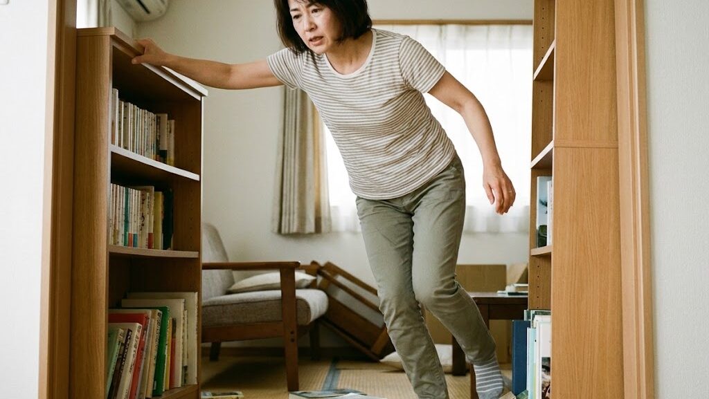 震度5弱と震度5強で行動のしやすさが大きく変わる様子を、室内で踏ん張る人の姿で表した実写風画像