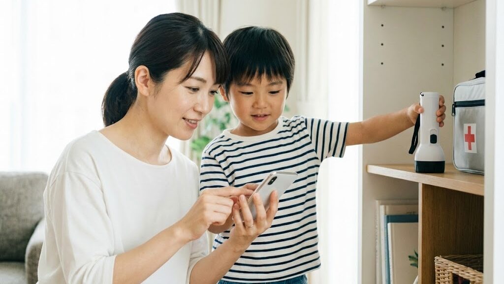 揺れた時に落ち着いて確認と準備をする家庭のシーン