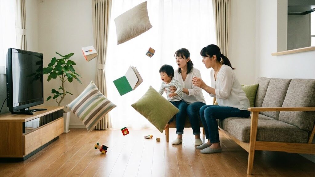 直下型地震で突然強い縦揺れが起こる特徴を、室内の物が跳ねる様子で表した実写風イメージ