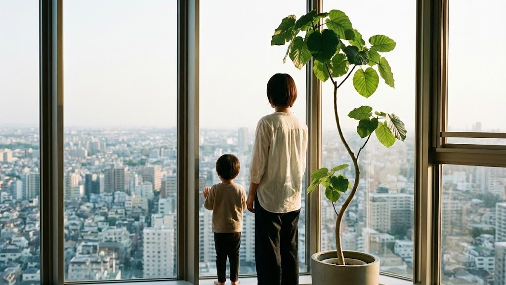 高層階でゆっくり揺れを感じる室内の生活シーン