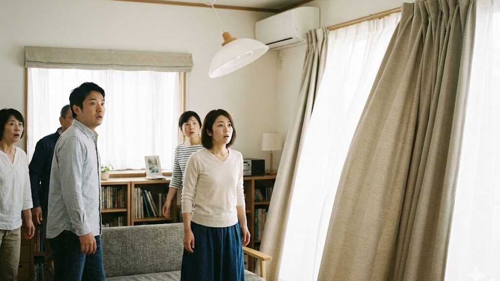 震度3から震度4で人が揺れをはっきり感じ、恐怖を覚える様子を室内の揺れで表現した実写風イメージ
