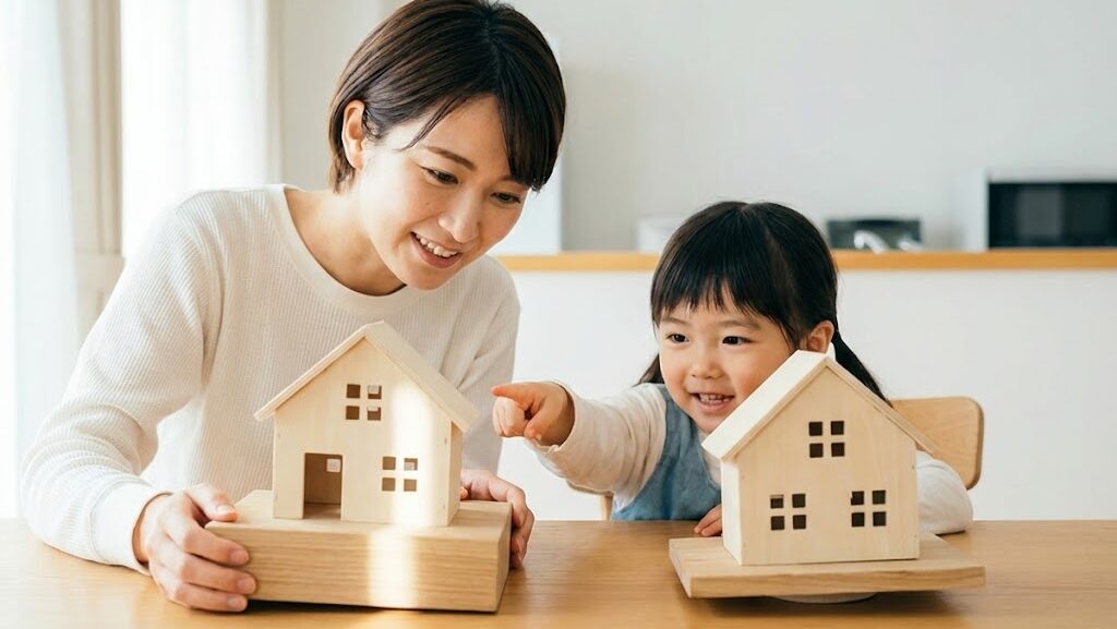 耐震等級の違いを住宅模型で比べて学ぶ親子の実写風イメージ