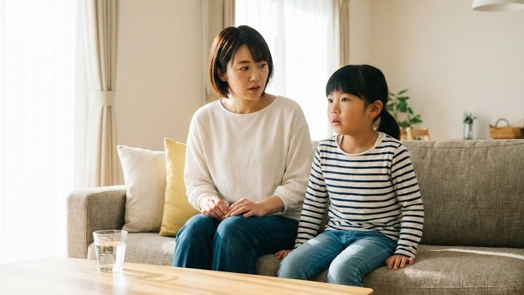 揺れを感じてテレビやスマホで確認する日本人の親子の様子